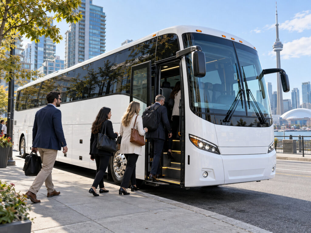 Group of passengers boarding a charter bus in Toronto