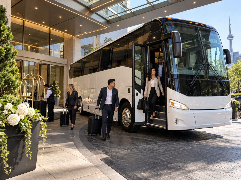 Charter bus at a hotel drop-off area in the Greater Toronto Area